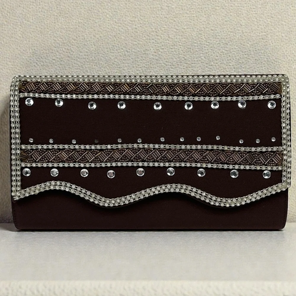 NWT Elite Champagne Clutch Purse Womens Brown‎ Cream Beaded Rhinestone NOS VTG